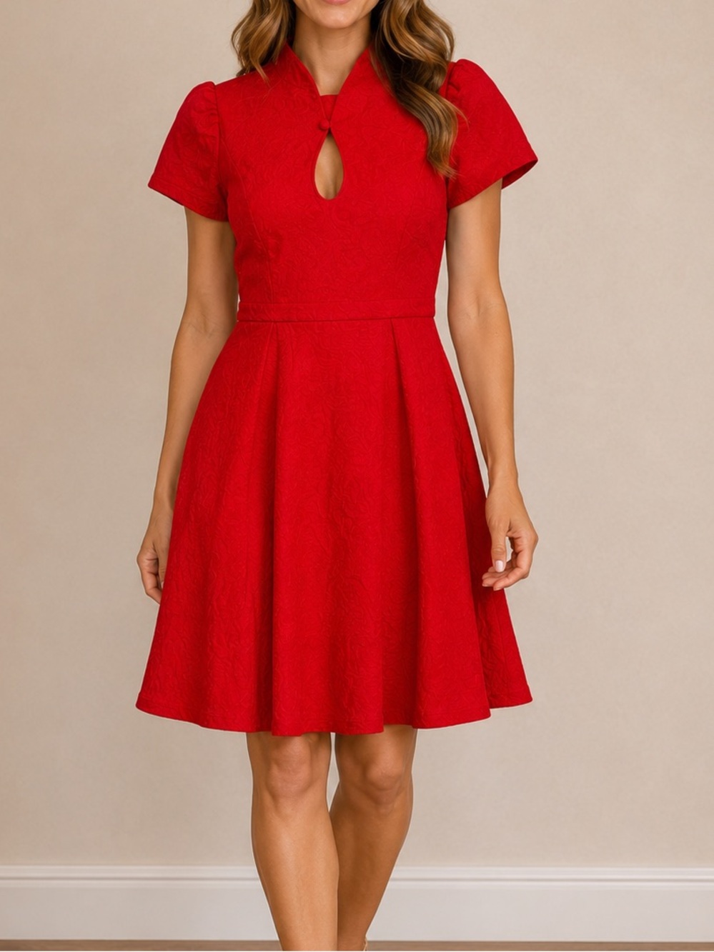 ModCloth Red Fit & Flare Dress Women’s Medium Puff Sleeve